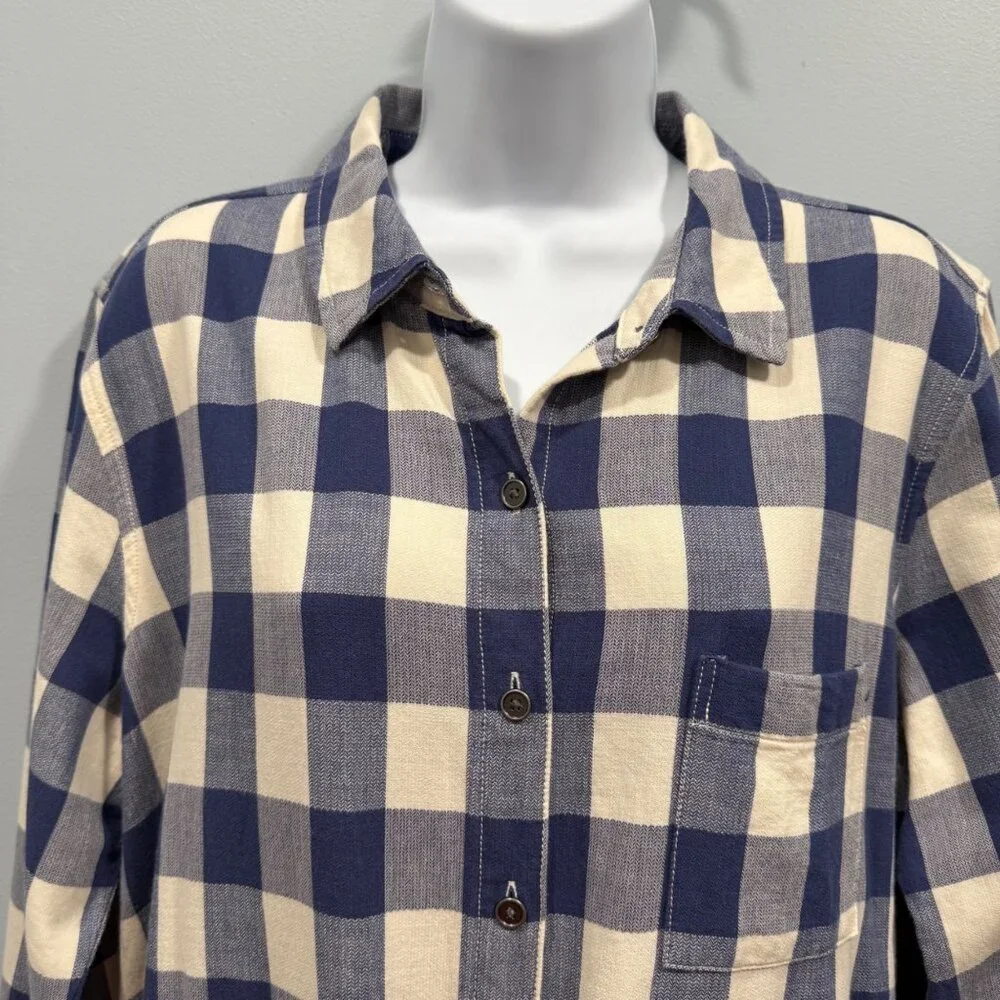 GH Bass Gingham Plaid Shirt Dress Blue White Womens L Preppy Nautical‎ Normcore